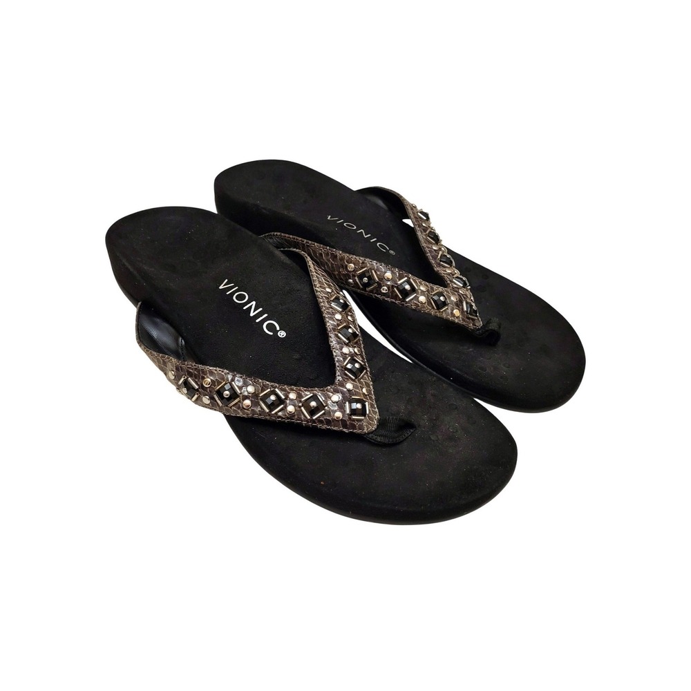 Vionic Women's Floriana Beaded Studded Black Gray Snakeskin Flip-Flops Sandals 8